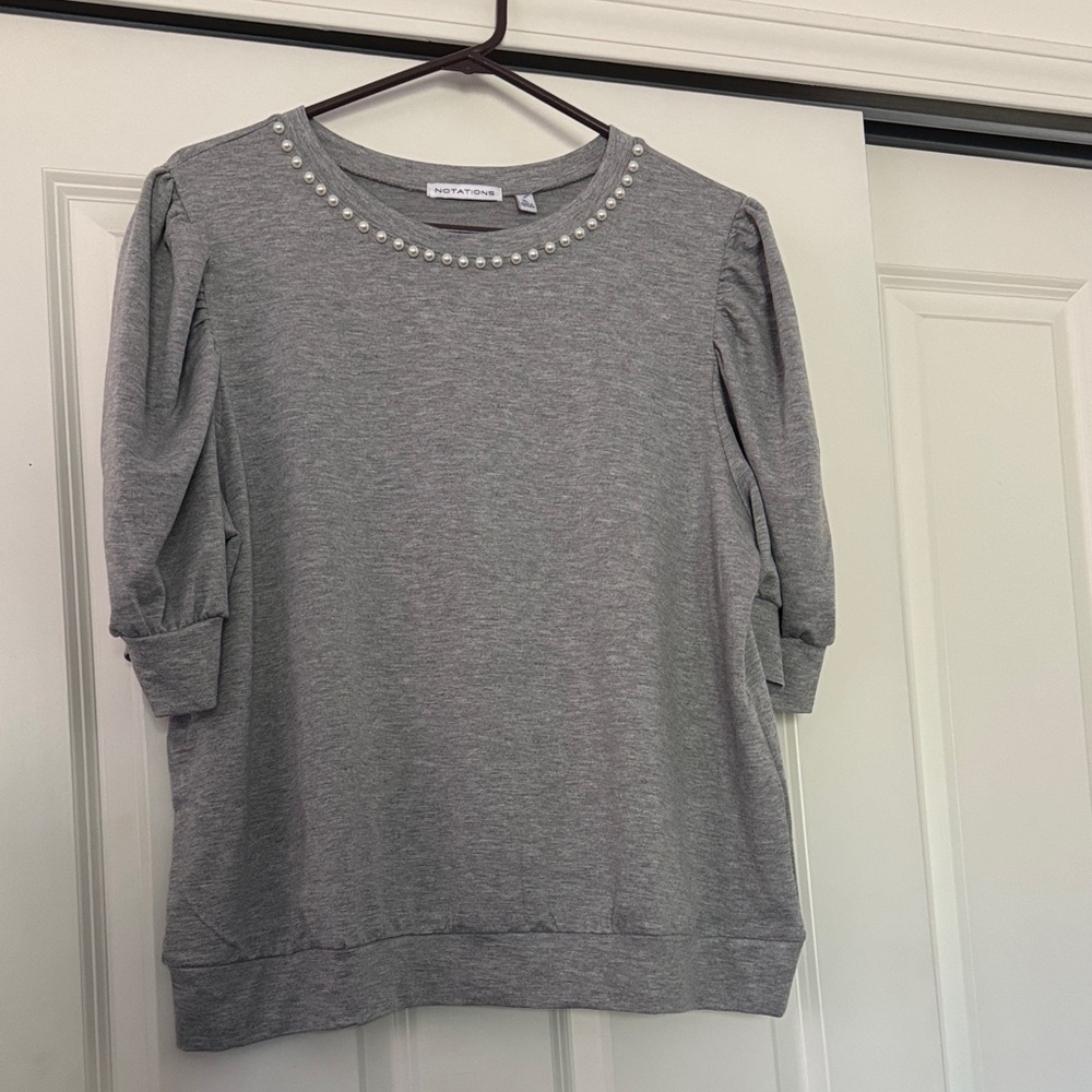 Notations Gray Top with Pearl Accents